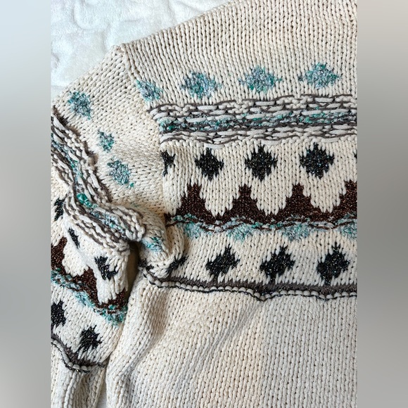 Zara Sweater Cream with Metallic & Regular Threads of Brown Blue Boxy Cut SMALL - Picture 6 of 15